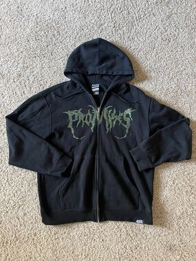 Broken Promises Black Zipup Hoodie With Green Rhinestone Metal-Style Logo